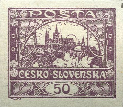 Stamp with a design by Alphonse Mucha representing the Hradčany castle skyline | Source: www.postovnimuzeum.cz