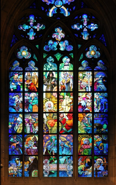 Fenster in der St.-Veits-Kathedrale nach einem Entwurf von Mucha, Prag (Anfang der 1930er Jahre) | Quelle: www.katedralasvatehovita.cz