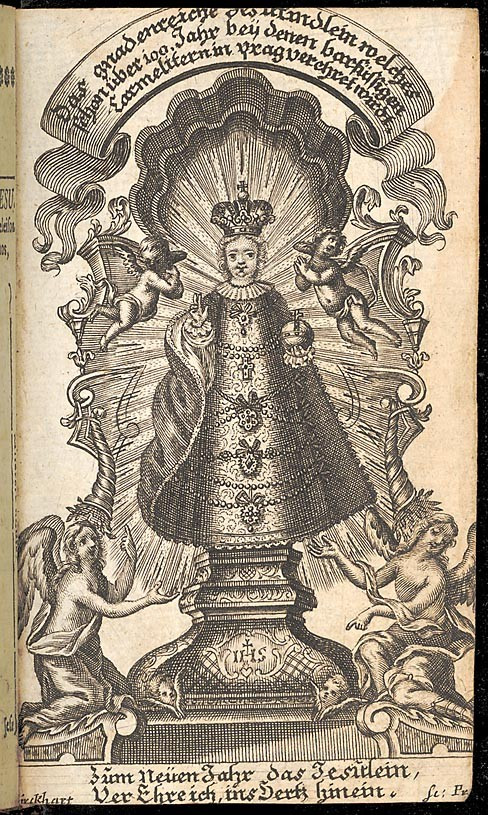 An inset copperplate engraving of the Infant Jesus of Prague in the manuscript *Manuale Tironis Christiani et Parthenii; Officium parvum de sancto Joanne Nepomuceno martyre* / 1738 | Source: National Library of the Czech Republic