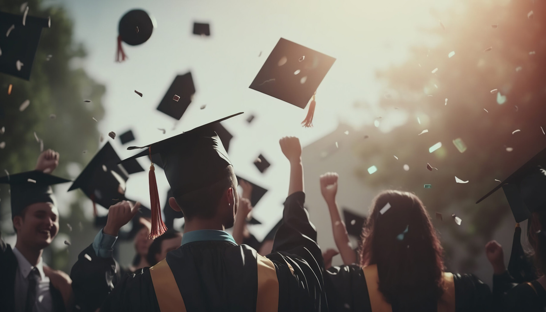 A group of students celebrating their graduation by throwing caps in the air closeup. Generative AI