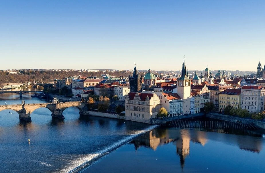 Vltava, panorama, Karlův most, Novotného lávka, věže