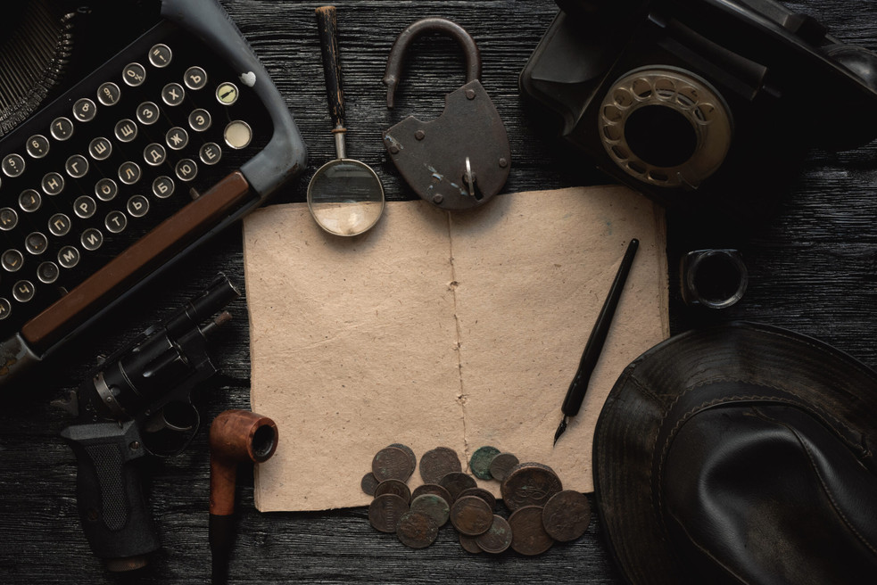 Retro detective book template with blank pages for copy space. Detective or spy agent story flat lay background. Top secret documents.