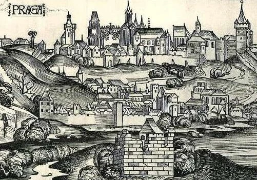 Dřevorytina z Norimberské kroniky s pohledem na Prahu odpovídající konci 16. století
