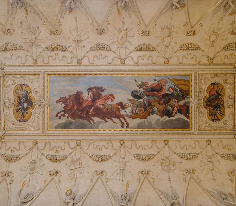 Baccio del Bianco: Albrecht z Valdštejna jako bůh války Mars na válečném voze (1628), freska ve Valdštejnském paláci