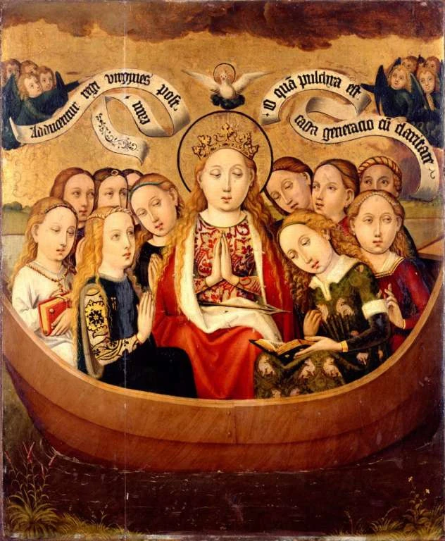 Rýnská škola: Svatá Voršila s družkami v lodi na Rýně, 1450